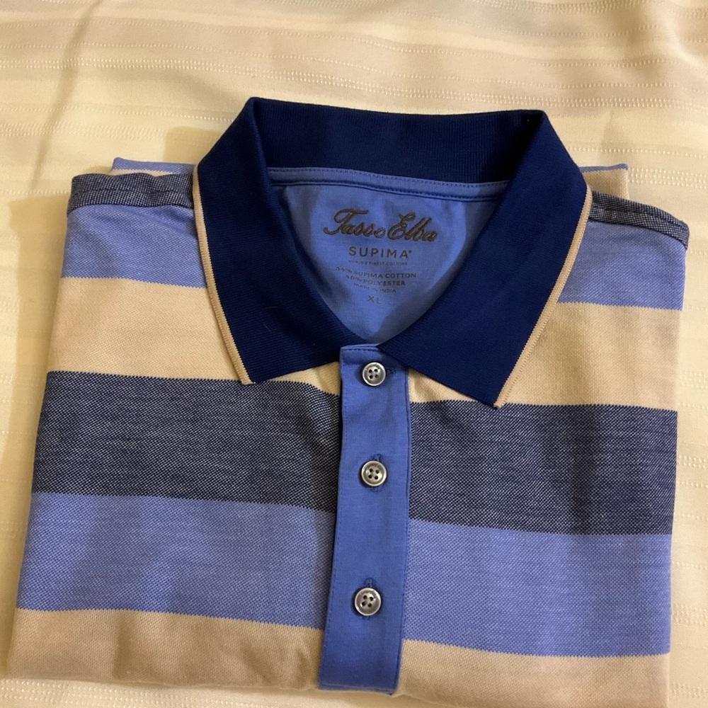 Tasso Elba Blue and Tan Polo Shirt with Striped Pattern
